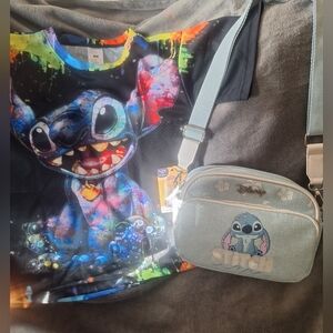 Stitch Bundle; Stitch light blue bag w/adjustable strap & Stitch T-shirt Small
